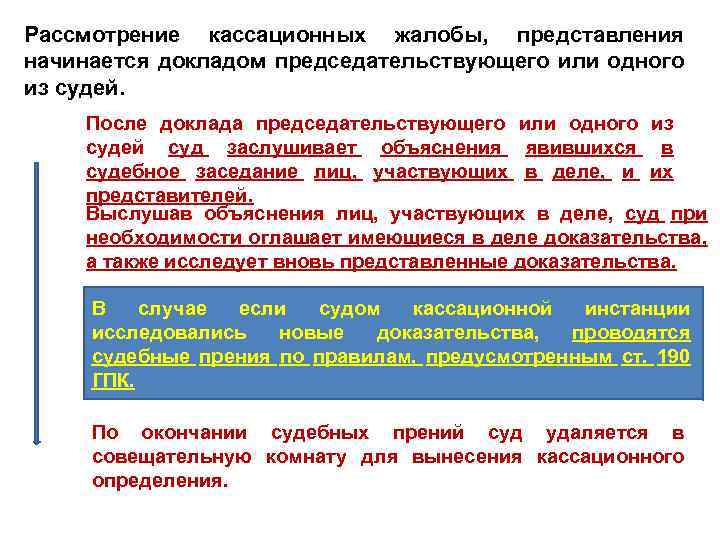 Рассмотрение кассационных жалобы, представления начинается докладом председательствующего или одного из судей. После доклада председательствующего