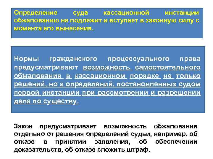 Определение суда кассационной инстанции обжалованию не подлежит и вступает в законную силу с момента