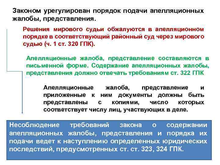 Законом урегулирован порядок подачи апелляционных жалобы, представления. Решения мирового судьи обжалуются в апелляционном порядке