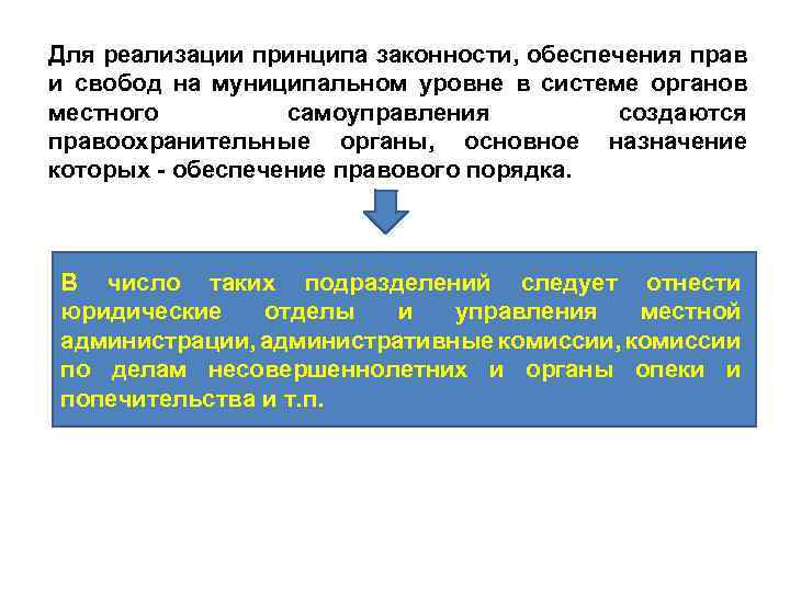 Для реализации принципа законности, обеспечения прав и свобод на муниципальном уровне в системе органов