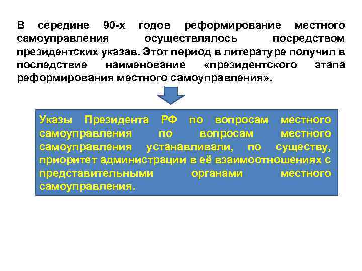 В середине 90 -х годов реформирование местного самоуправления осуществлялось посредством президентских указав. Этот период