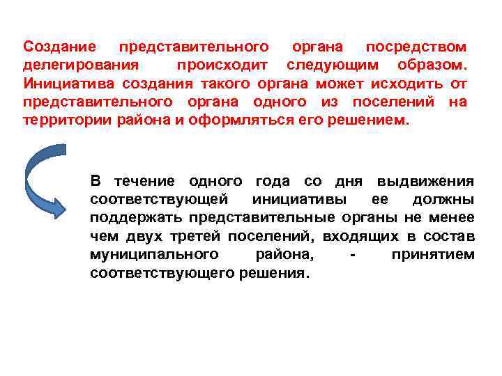 Создание представительного органа посредством делегирования происходит следующим образом. Инициатива создания такого органа может исходить