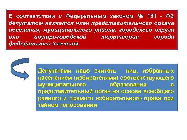 В соответствии с Федеральным законом № 131 - ФЗ депутатом является член представительного органа