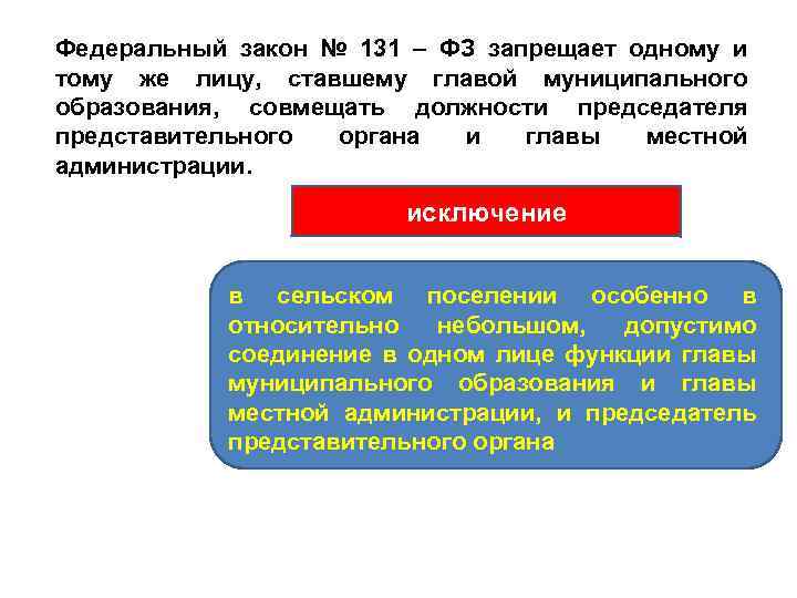 Федеральный закон № 131 – ФЗ запрещает одному и тому же лицу, ставшему главой