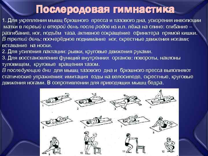 Послеродовая гимнастика 1. Для укрепления мышц брюшного пресса и тазового дна, ускорения инволюции матки