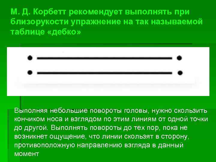 М. Д. Корбетт рекомендует выполнять при близорукости упражнение на так называемой таблице «дебко» Выполняя