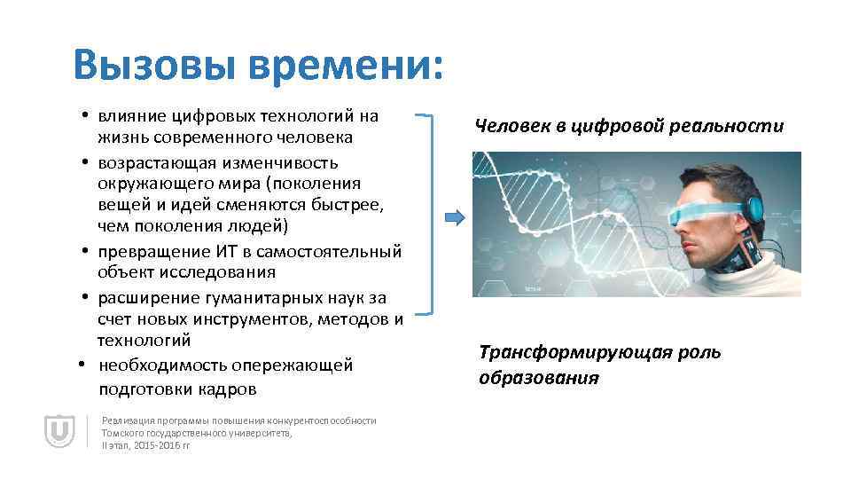 Вызовы времени: • влияние цифровых технологий на жизнь современного человека • возрастающая изменчивость окружающего