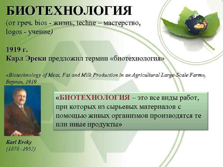 БИОТЕХНОЛОГИЯ (от греч. bios - жизнь, techne – мастерство, logos - учение) 1919 г.