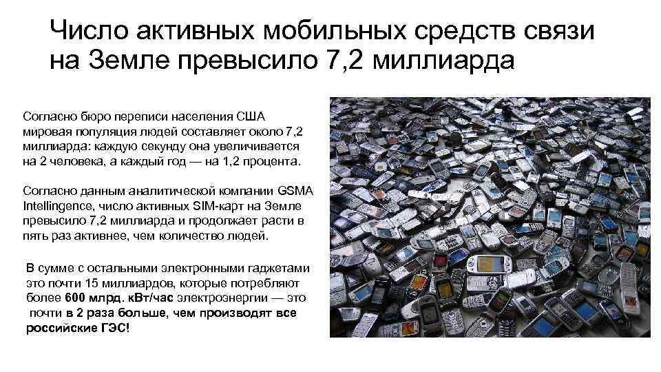 Число активных мобильных средств связи на Земле превысило 7, 2 миллиарда Согласно бюро переписи