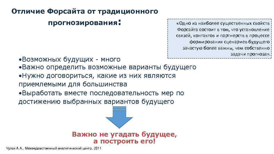 Отличие Форсайта от традиционного прогнозирования: «Одно из наиболее существенных свойств Форсайта состоит в том,