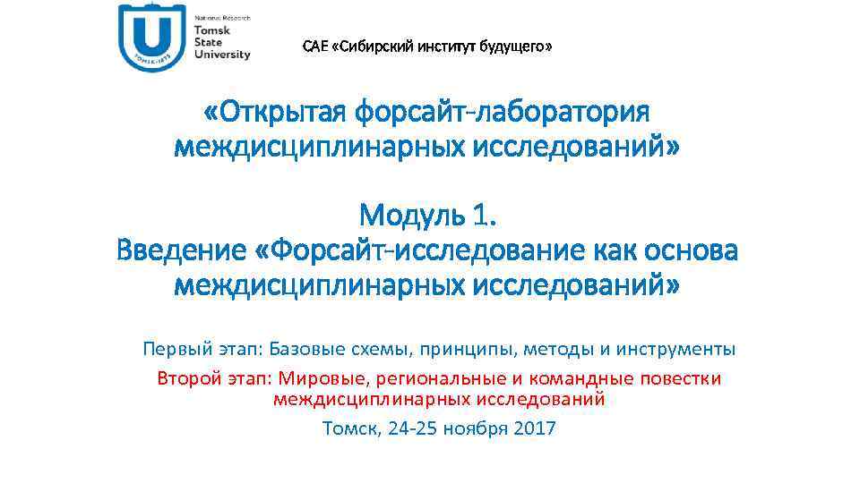 САЕ «Сибирский институт будущего» «Открытая форсайт-лаборатория междисциплинарных исследований» Модуль 1. Введение «Форсайт-исследование как основа