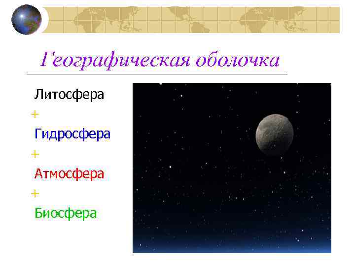 Географическая оболочка Литосфера + Гидросфера + Атмосфера + Биосфера 