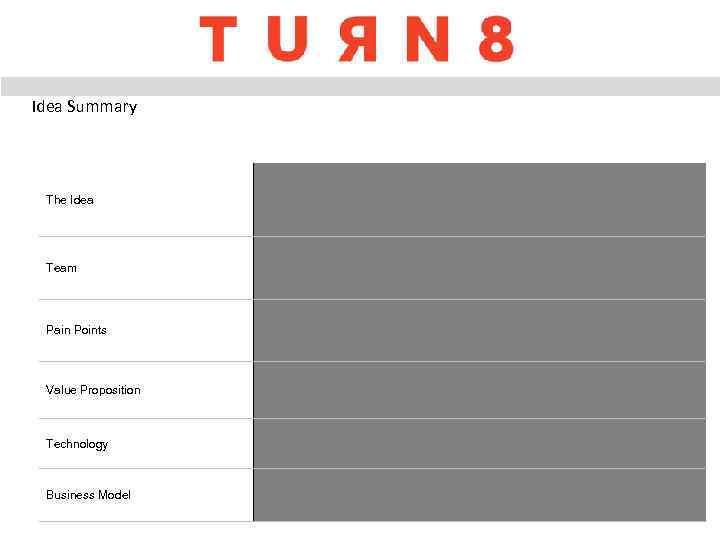 Idea Summary The Idea Team Pain Points Value Proposition Technology Business Model 