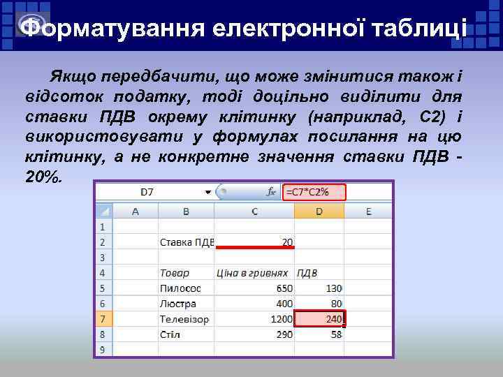 Форматування електронної таблиці Якщо передбачити, що може змінитися також і відсоток податку, тоді доцільно