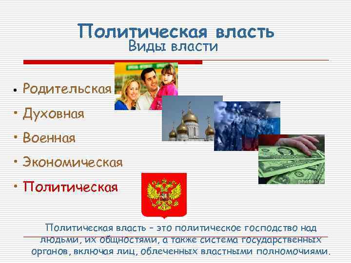 Политическая власть Виды власти • Родительская • Духовная • Военная • Экономическая • Политическая