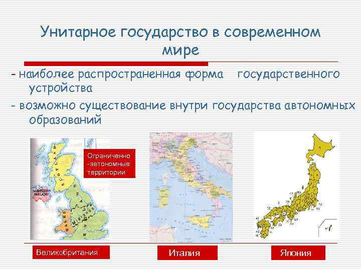 Унитарное государство в современном мире - наиболее распространенная форма государственного устройства - возможно существование