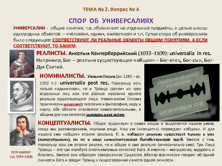 ТЕМА № 2. Вопрос № 4 СПОР ОБ УНИВЕРСАЛИЯХ УНИВЕРСАЛИИ общие понятия, т. е.