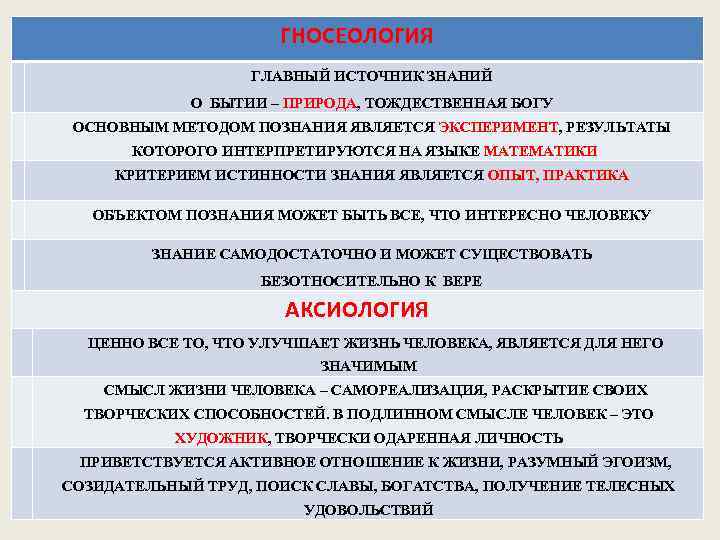 ГНОСЕОЛОГИЯ ГЛАВНЫЙ ИСТОЧНИК ЗНАНИЙ О БЫТИИ – ПРИРОДА, ТОЖДЕСТВЕННАЯ БОГУ ОСНОВНЫМ МЕТОДОМ ПОЗНАНИЯ ЯВЛЯЕТСЯ