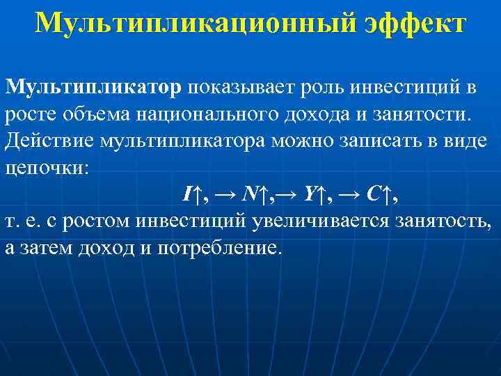 Мультипликационный эффект Мультипликатор показывает роль инвестиций в росте объема национального дохода и занятости. Действие