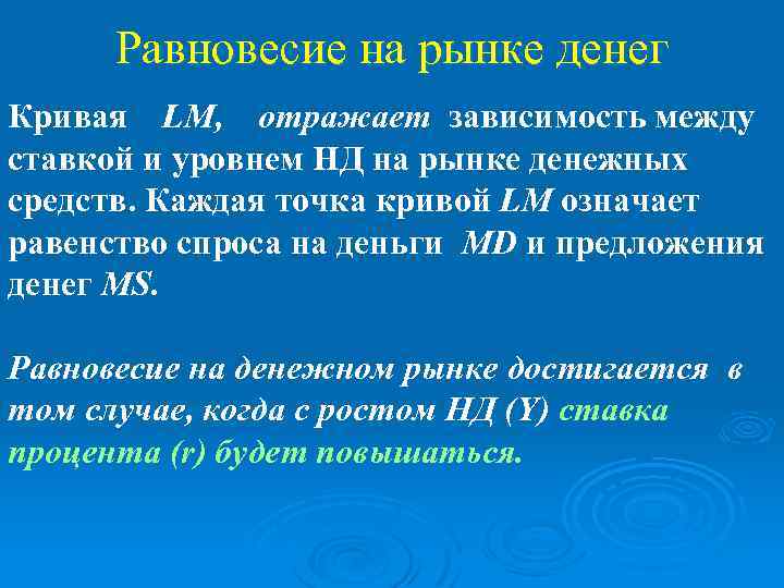 Равновесие на рынке денег Кривая LM, отражает зависимость между ставкой и уровнем НД на