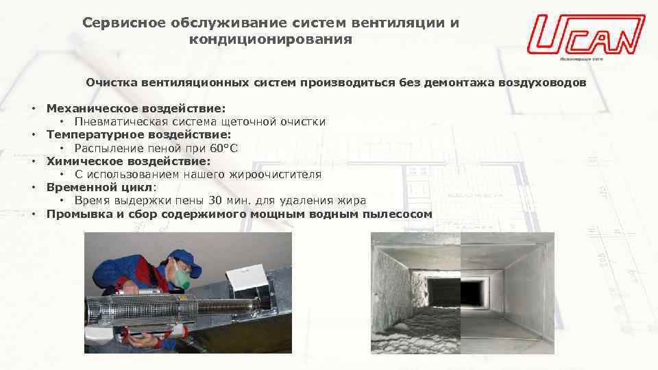 Сервисное обслуживание систем вентиляции и кондиционирования Очистка вентиляционных систем производиться без демонтажа воздуховодов •