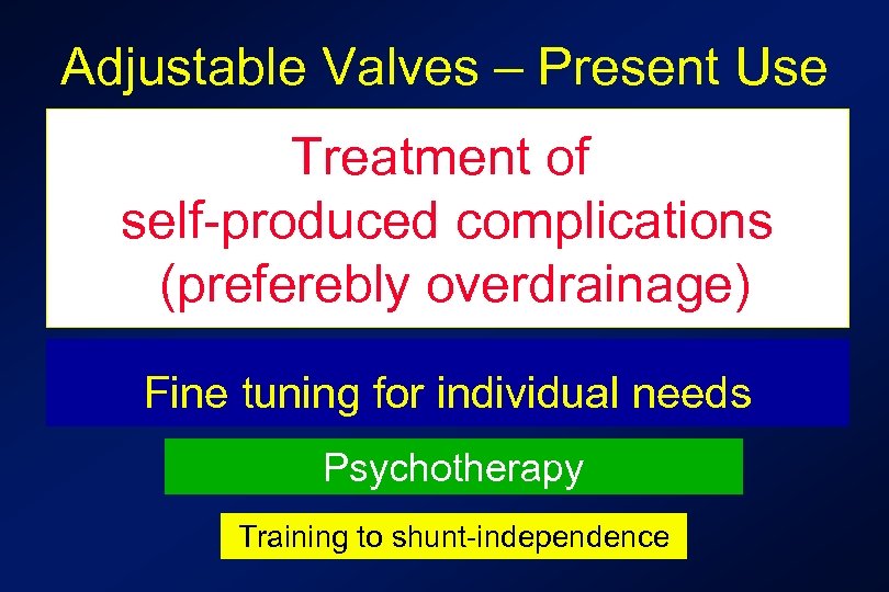 Adjustable Valves – Present Use Treatment of self-produced complications (preferebly overdrainage) Fine tuning for
