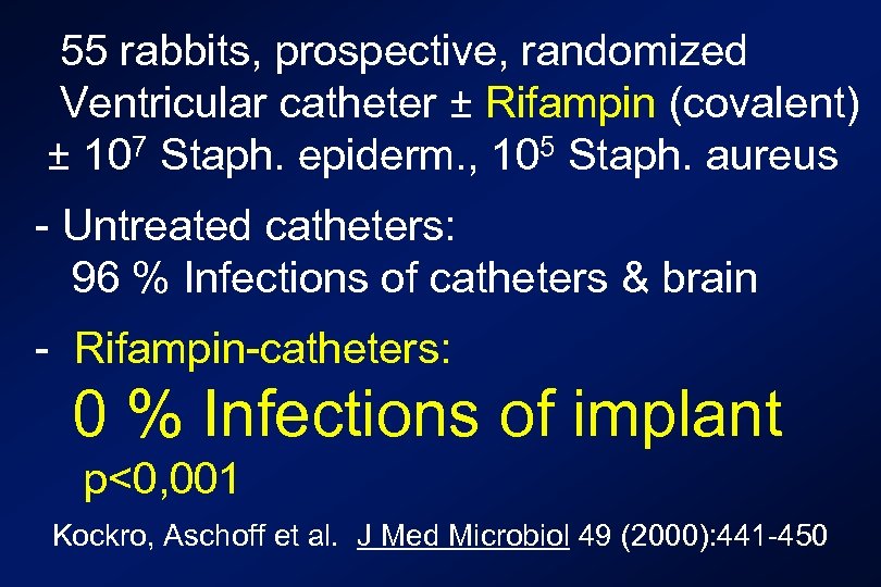 55 rabbits, prospective, randomized Ventricular catheter ± Rifampin (covalent) ± 107 Staph. epiderm. ,