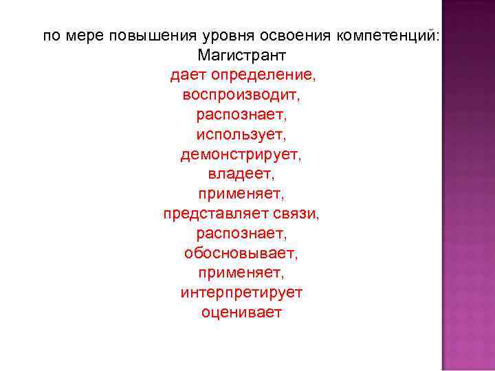 по мере повышения уровня освоения компетенций: Магистрант дает определение, воспроизводит, распознает, использует, демонстрирует, владеет,