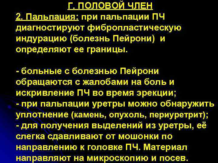 Г. ПОЛОВОЙ ЧЛЕН 2. Пальпация: при пальпации ПЧ диагностируют фибропластическую индурацию (болезнь Пейрони) и