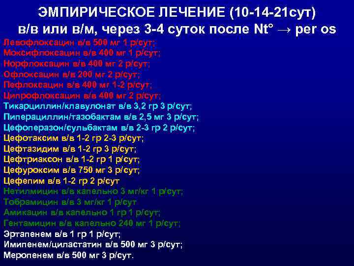 ЭМПИРИЧЕСКОЕ ЛЕЧЕНИЕ (10 -14 -21 сут) в/в или в/м, через 3 -4 суток после