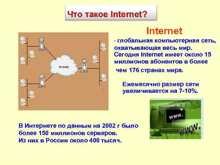 Что такое Internet? Internet - глобальная компьютерная сеть, охватывающая весь мир. Сегодня Internet имеет