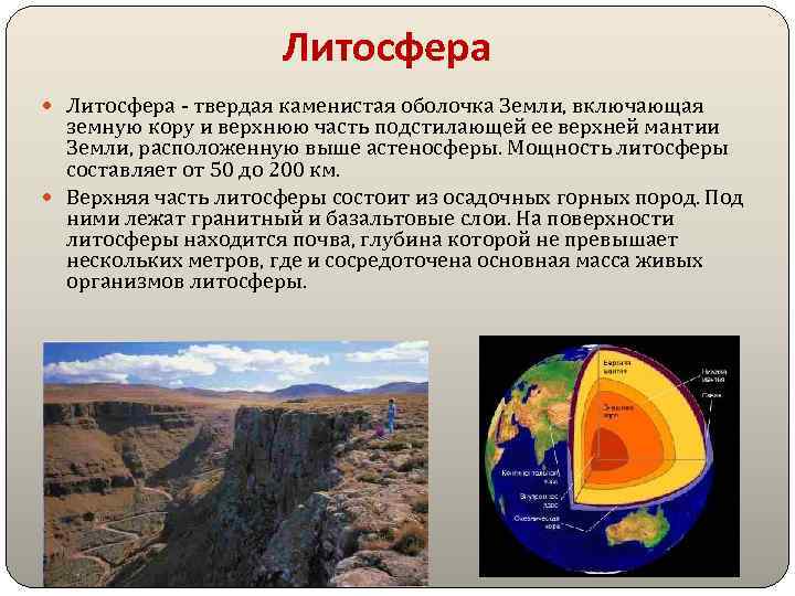 Литосфера - твердая каменистая оболочка Земли, включающая земную кору и верхнюю часть подстилающей ее