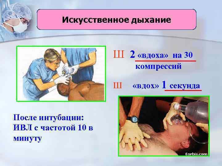 Искусственное дыхание Ш 2 «вдоха» на 30 компрессий Ш После интубации: ИВЛ с частотой