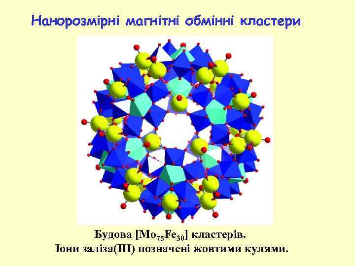 Нанорозмірні магнітні обмінні кластери Будова [Mo 75 Fe 30] кластерів. Іони заліза(III) позначені жовтими