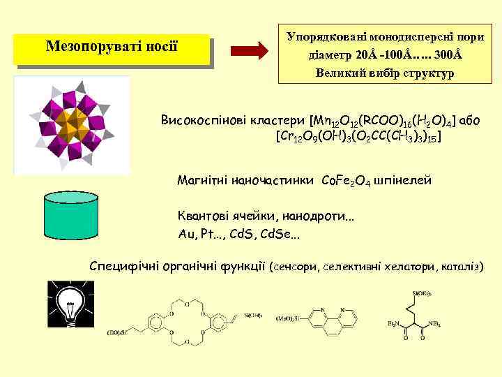 Мезопоруваті носії Упорядковані монодисперсні пори діаметр 20Å -100Å…. . 300Å Великий вибір структур Високоспінові