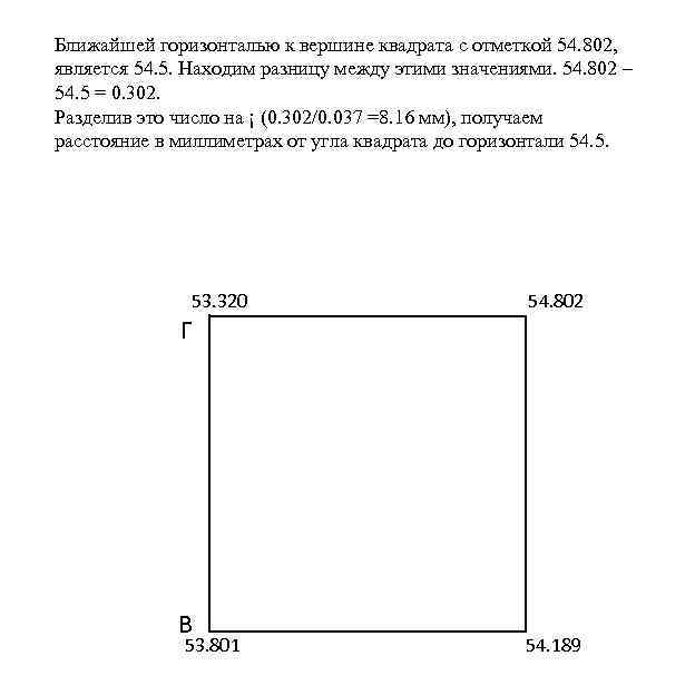 Ближайшей горизонталью к вершине квадрата с отметкой 54. 802, является 54. 5. Находим разницу