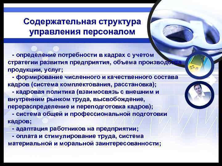 Содержательная структура управления персоналом - определение потребности в кадрах с учетом стратегии развития предприятия,
