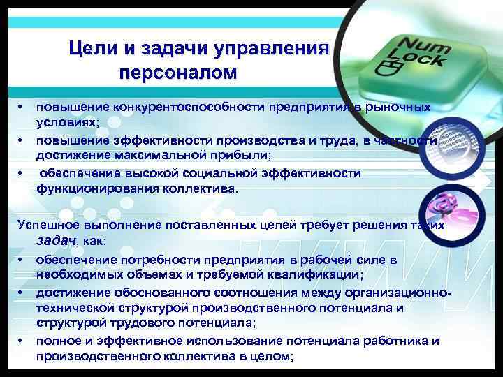 Цели и задачи управления персоналом • • • повышение конкурентоспособности предприятия в рыночных условиях;