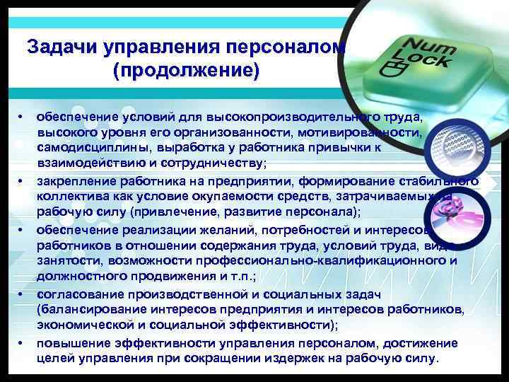 Задачи управления персоналом (продолжение) • • • обеспечение условий для высокопроизводительного труда, высокого уровня