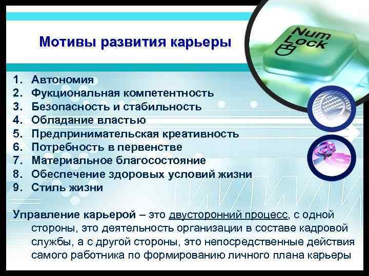 Мотивы развития карьеры 1. 2. 3. 4. 5. 6. 7. 8. 9. Автономия Фукциональная