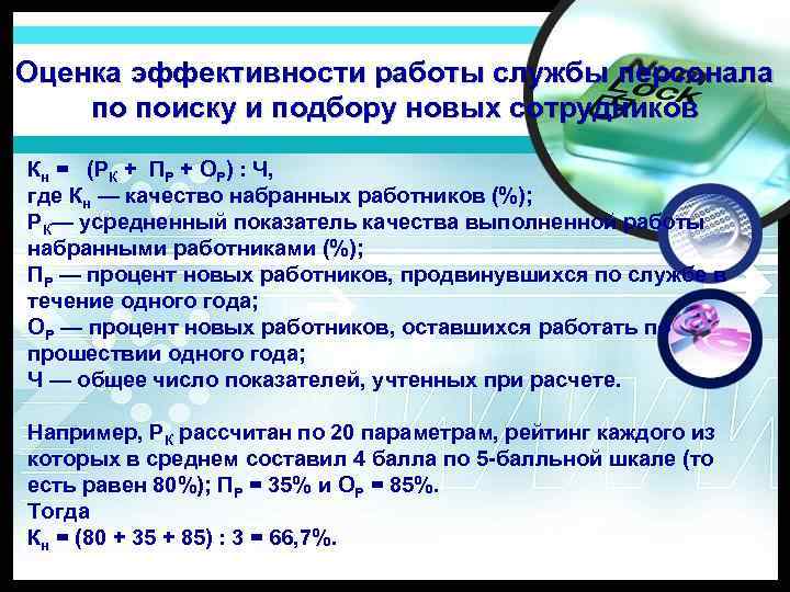 Оценка эффективности работы службы персонала по поиску и подбору новых сотрудников Кн = (РК