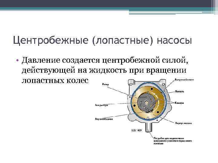 Центробежные (лопастные) насосы • Давление создается центробежной силой, действующей на жидкость при вращении лопастных