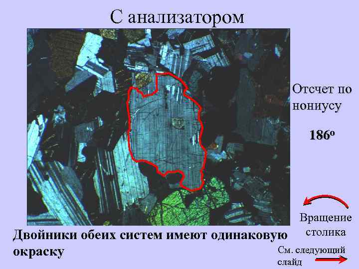 C анализатором Отсчет по нониусу 186 о Вращение Двойники обеих систем имеют одинаковую столика