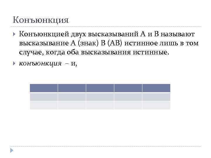 Конъюнкция Конъюнкцией двух высказываний А и В называют высказывание А (знак) В (АВ) истинное