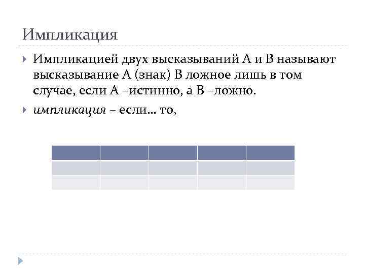 Импликация Импликацией двух высказываний А и В называют высказывание А (знак) В ложное лишь