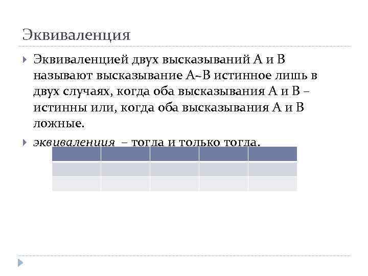 Эквиваленция Эквиваленцией двух высказываний А и В называют высказывание А~В истинное лишь в двух