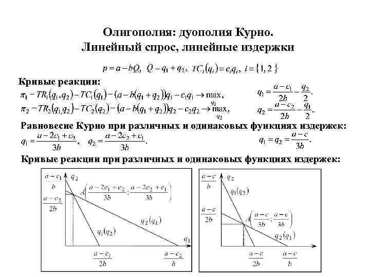 Линейный спрос. Модель дуополии Курно формула. Функция реакции в модели Курно. Равновесие Курно формула. Равновесия дуополии Курно формула.