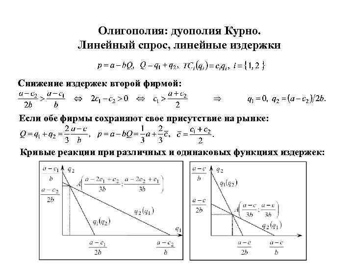 Олигополия: дуополия Курно. Линейный спрос, линейные издержки Снижение издержек второй фирмой: Если обе фирмы