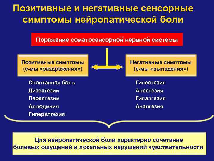 Позитивные и негативные сенсорные симптомы нейропатической боли Поражение соматосенсорной нервной системы Позитивные симптомы (с-мы