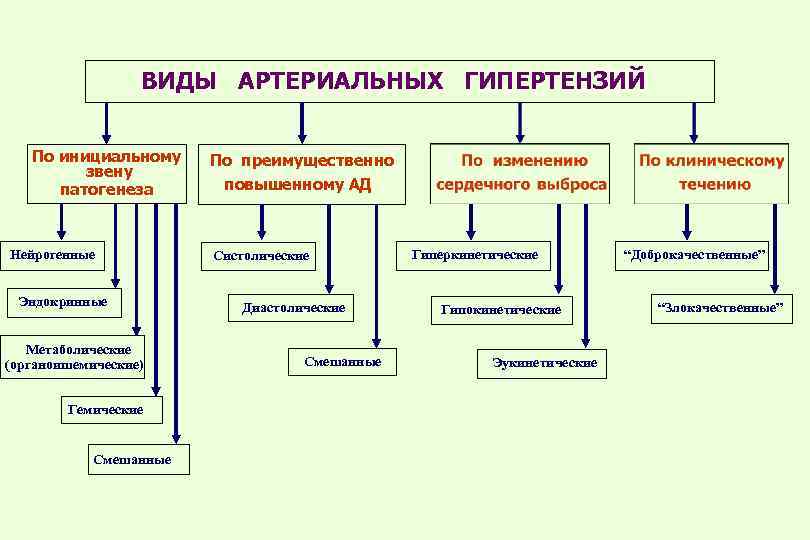 ВИДЫ АРТЕРИАЛЬНЫХ ГИПЕРТЕНЗИЙ По инициальному звену патогенеза Нейрогенные Эндокринные Метаболические (органоишемические) Гемические Смешанные По
